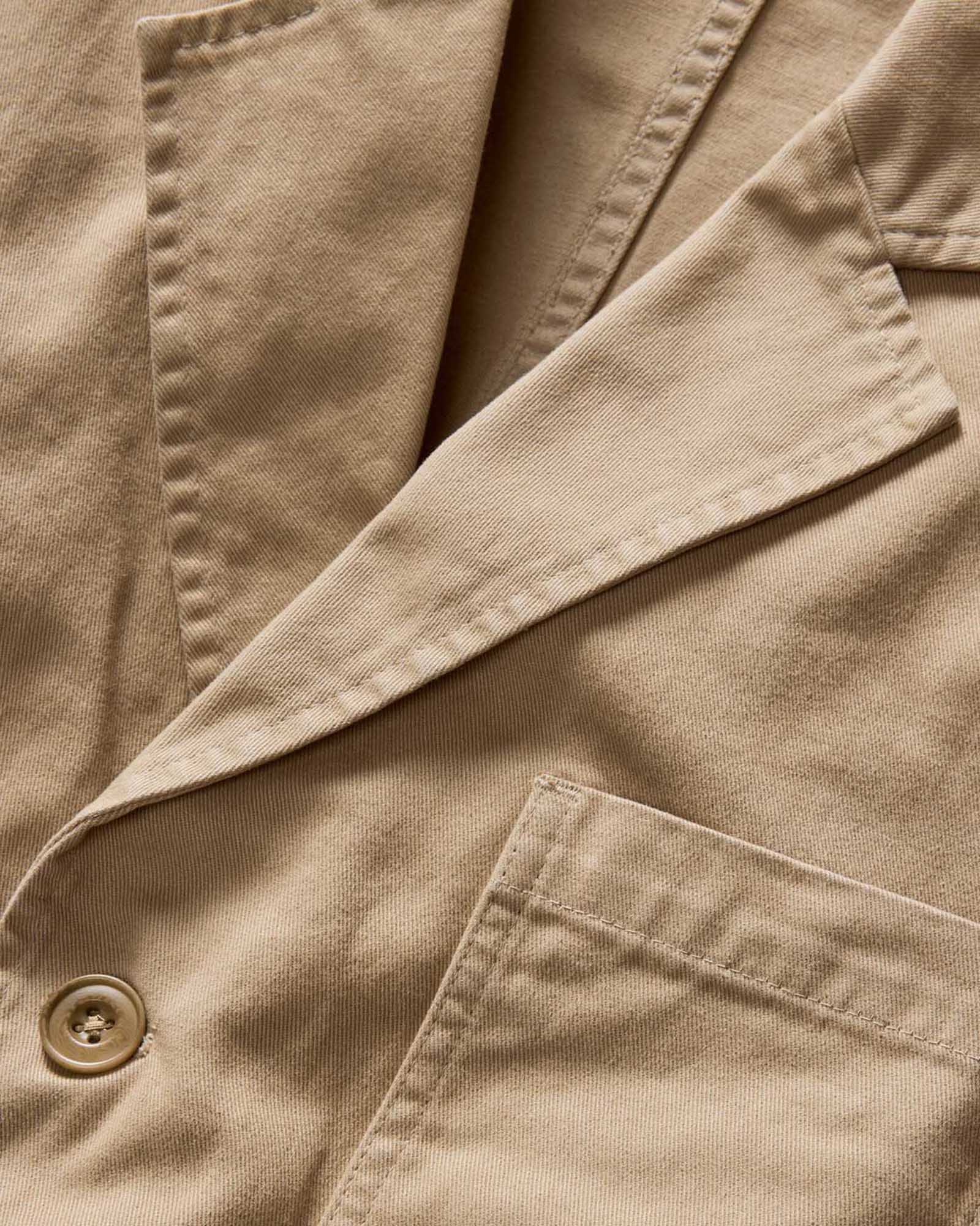 material shot of the collar on The Foundation Sportcoat in Organic Khaki Twill, Outerwear by Taylor Stitch