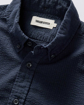 material shot of the collar on The Jack in Dark Navy Seersucker, Wovens by Taylor Stitch