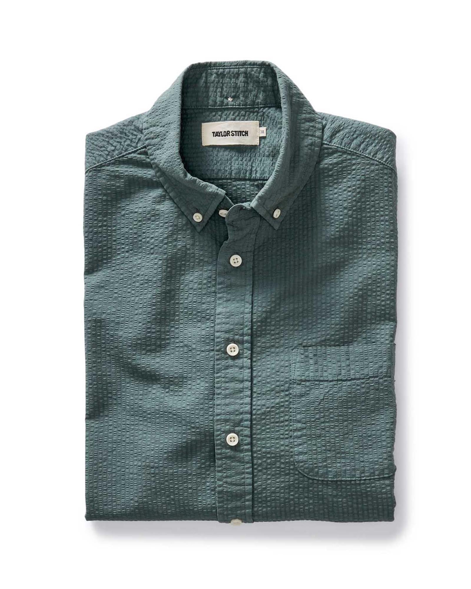 folded flatlay of The Jack in Deep Sea Seersucker, Wovens by Taylor Stitch