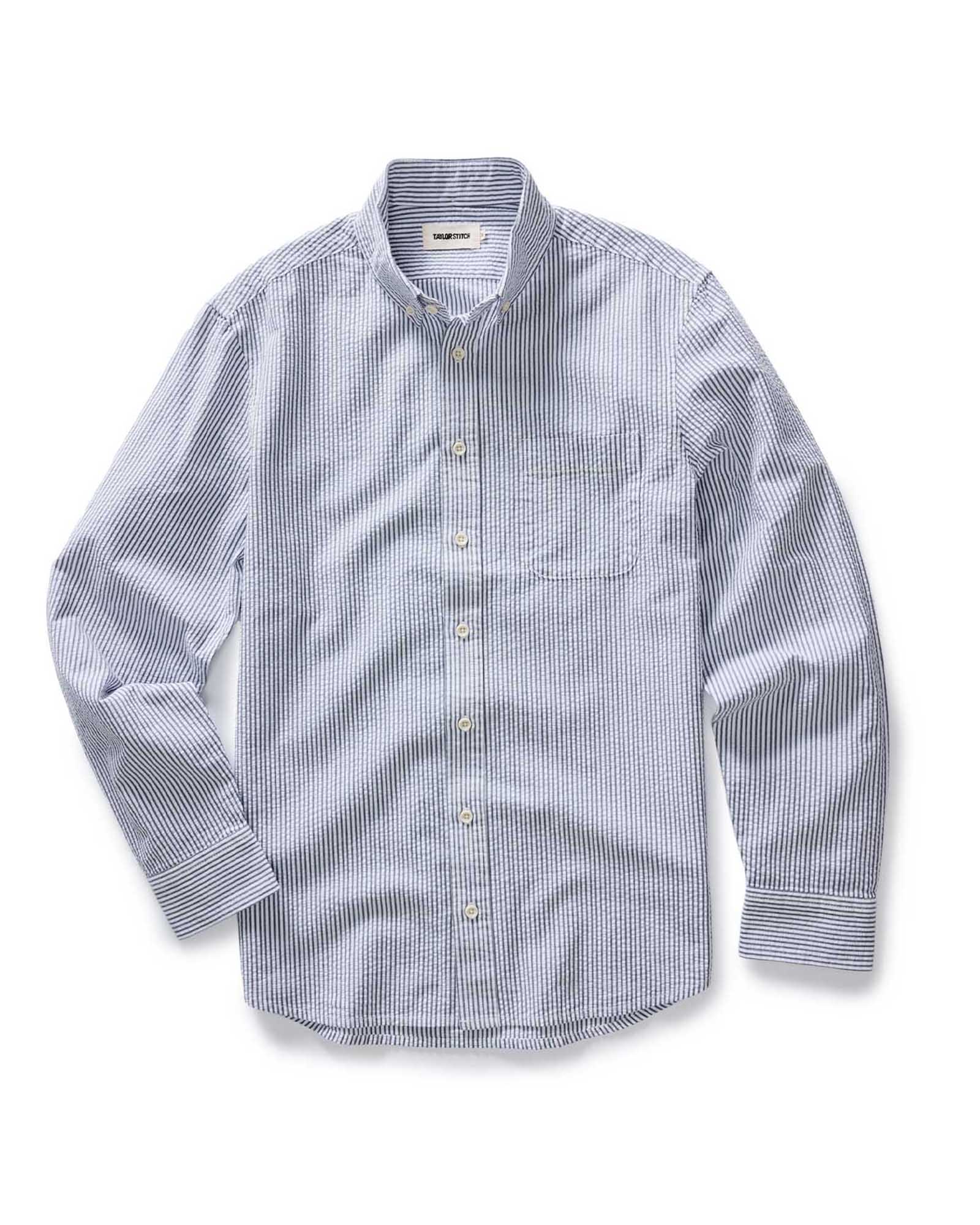 flatlay of The Jack in Navy Stripe Seersucker, Wovens by Taylor Stitch