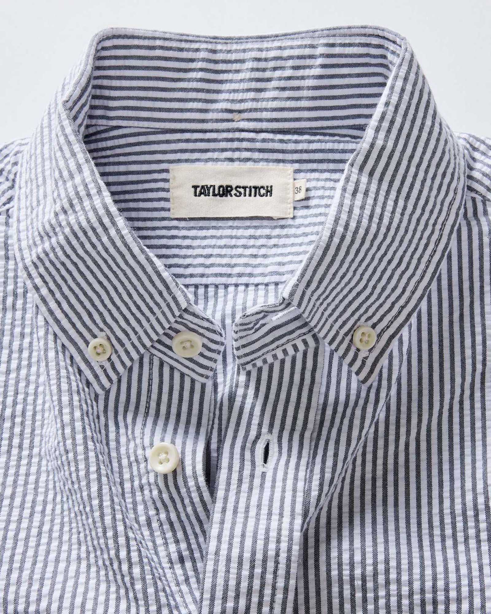 material shot of the collar on The Jack in Navy Stripe Seersucker, Wovens by Taylor Stitch