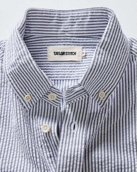 material shot of the collar on The Jack in Navy Stripe Seersucker, Wovens by Taylor Stitch