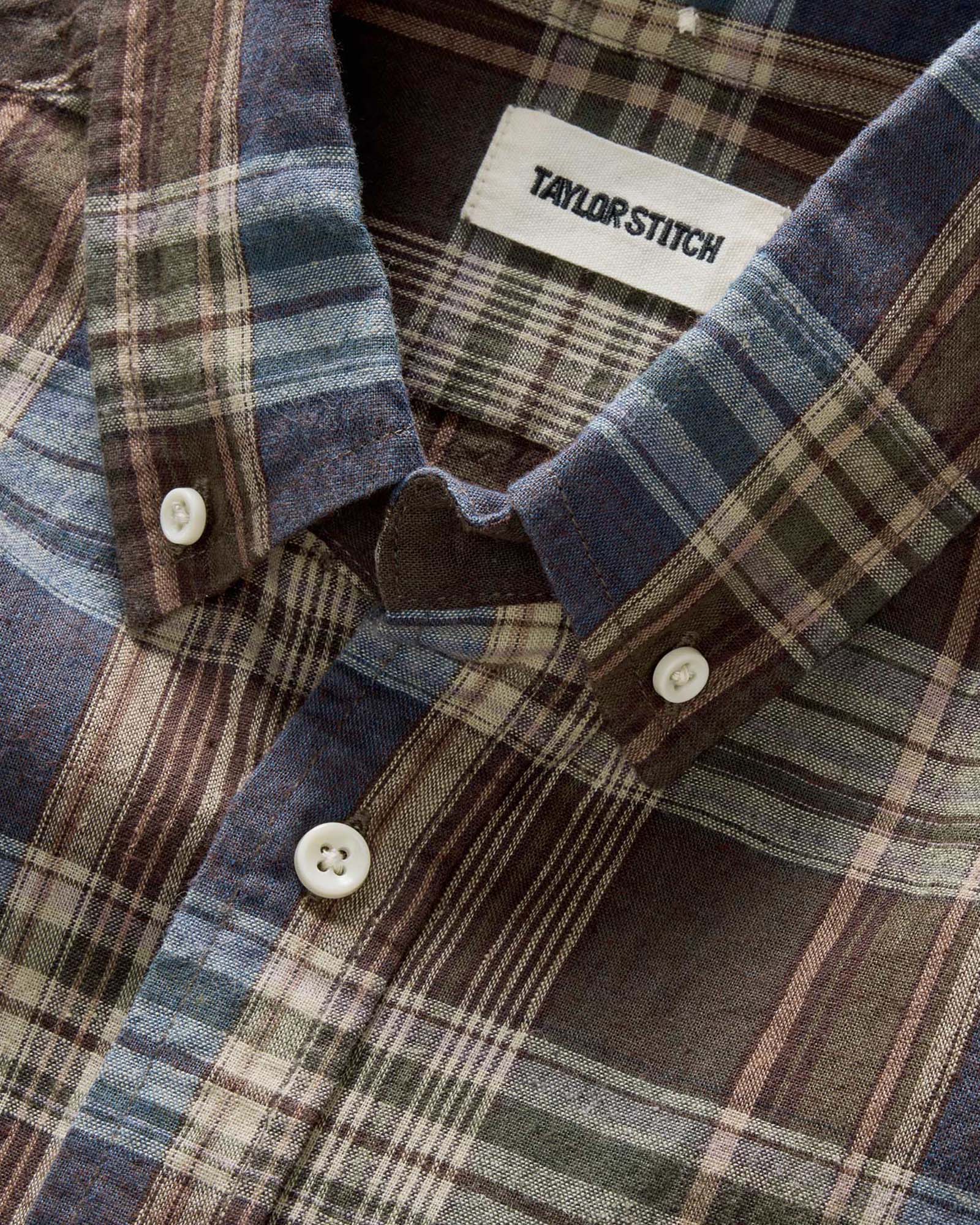 material shot of the collar on The Short Sleeve Jack in Atlantic Blue Plaid, Wovens by Taylor Stitch