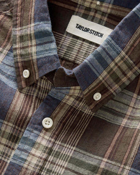material shot of the collar on The Short Sleeve Jack in Atlantic Blue Plaid, Wovens by Taylor Stitch