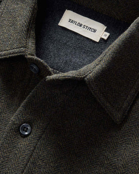 material shot of the collar on The Coastline Knit Shirt in Heather Army, Knits by Taylor Stitch