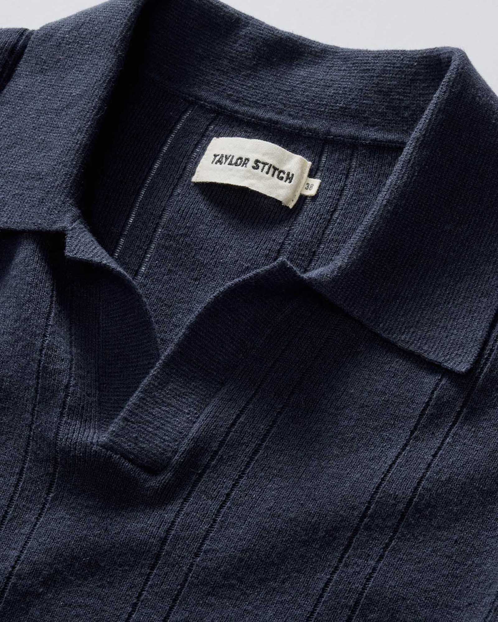 material shot of the collar on The Valencia Sweater Polo in Dark Navy Rib, Knits by Taylor Stitch