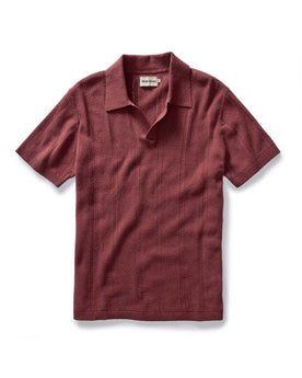 flatlay of The Valencia Sweater Polo in Dried Cherry Rib, Knits by Taylor Stitch