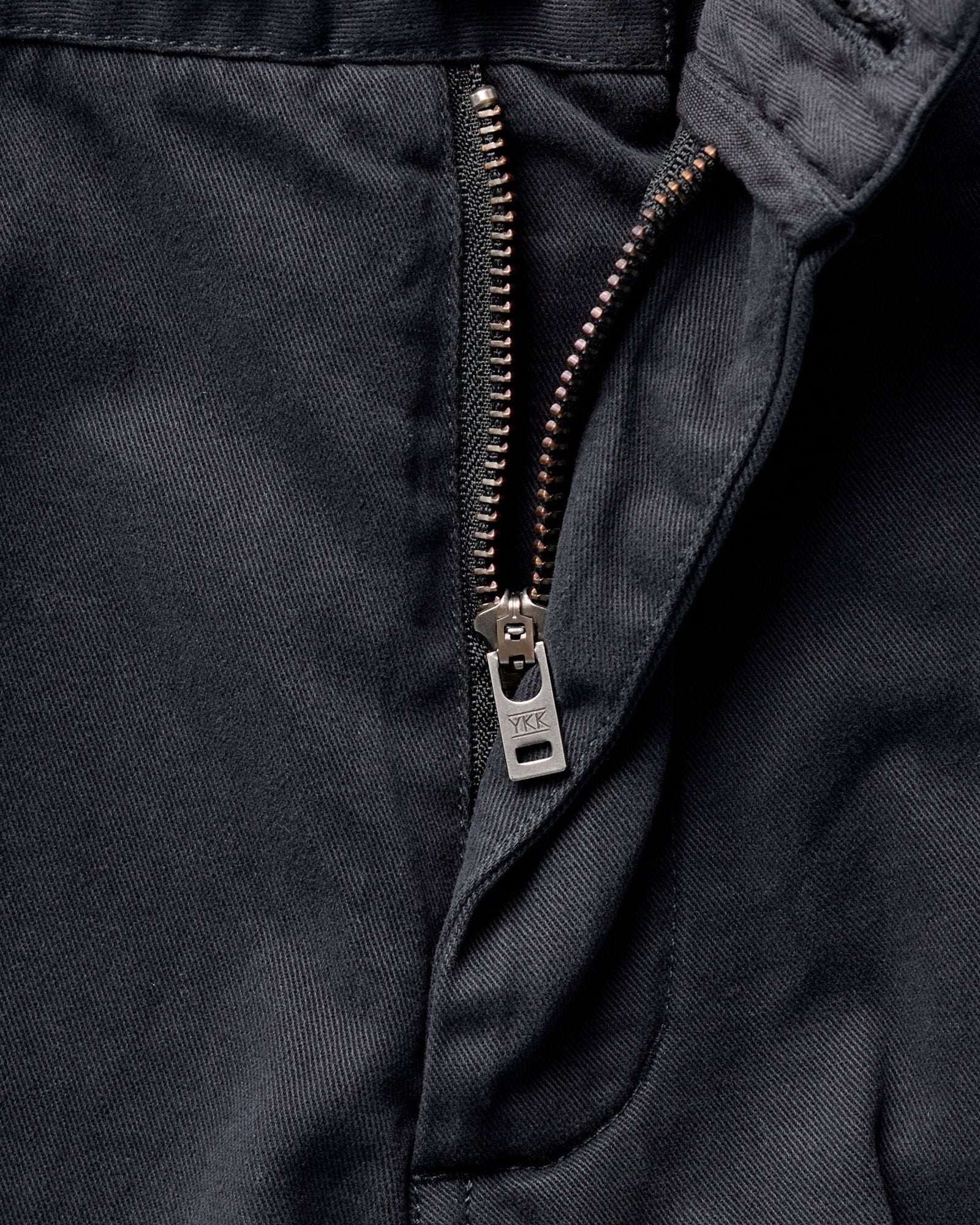 material shot of the zip fly on The Democratic Foundation Pant in Organic Navy, Bottoms by Taylor Stitch