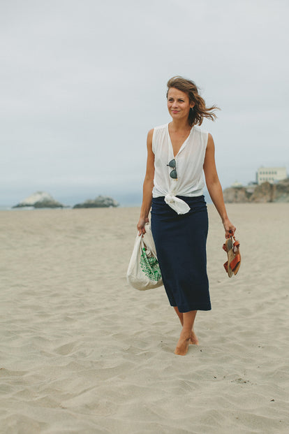 Modeling The Samantha, walking along the beach.
