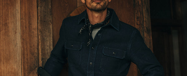 Model wearing The Division Shirt in Indigo