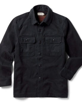 flatlay of The Lined Shop Shirt in Coal Boss Duck, Outerwear by Taylor Stitch