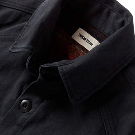 material shot of the collar on The Lined Shop Shirt in Coal Boss Duck
