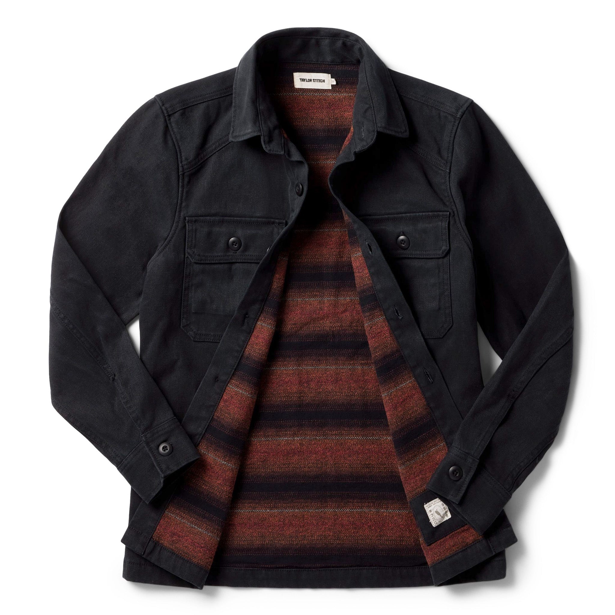 flatlay of The Lined Shop Shirt in Coal Boss Duck, shown open, Outerwear by Taylor Stitch