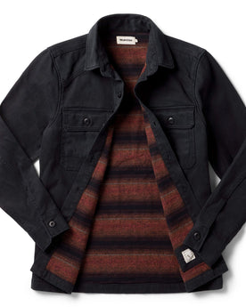 flatlay of The Lined Shop Shirt in Coal Boss Duck, shown open, Outerwear by Taylor Stitch