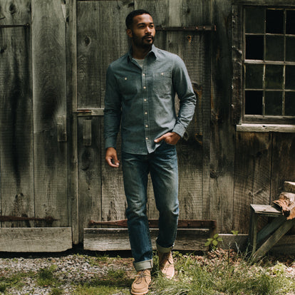 Model wearing The Utility Shirt in Rinsed Selvage Chambray