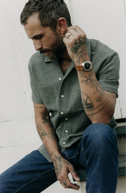 fit model posing in The Conrad Shirt in Deep Sea Twist