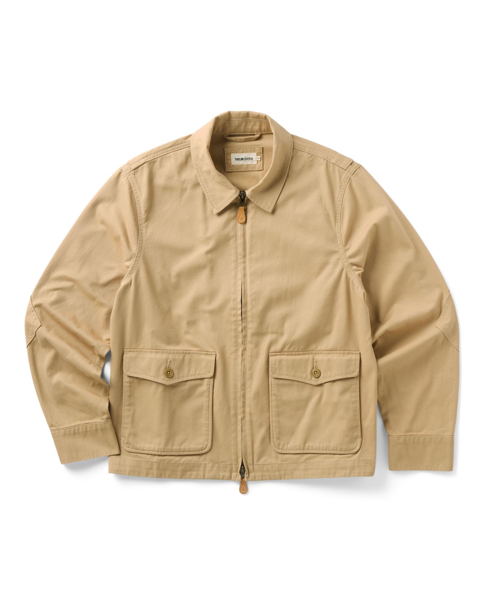 flatlay of The Airman Jacket in Organic Khaki Foundation Twill, Outerwear by Taylor Stitch