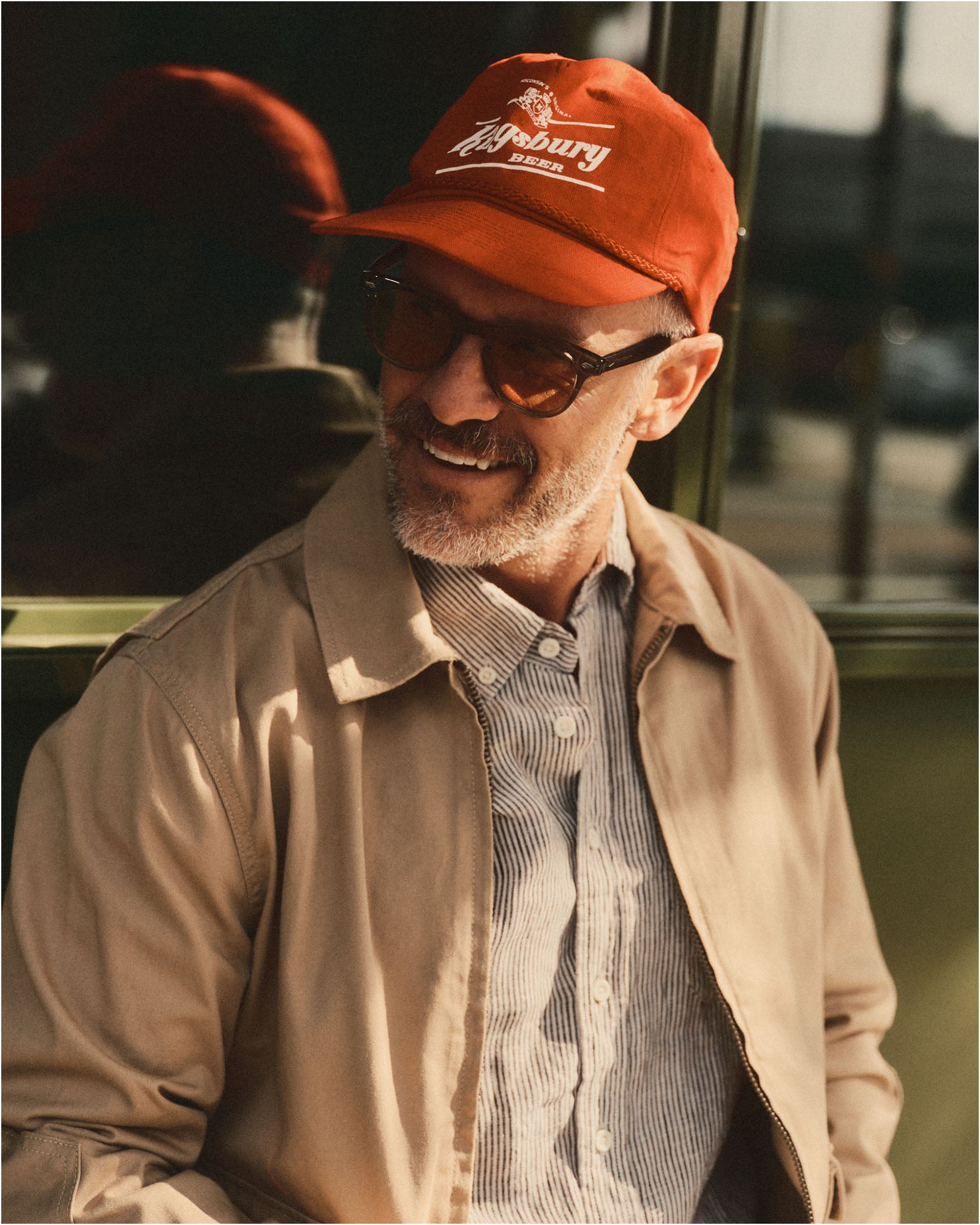 fit model showing off the collar on The Airman Jacket in Organic Khaki Foundation Twill, Outerwear by Taylor Stitch