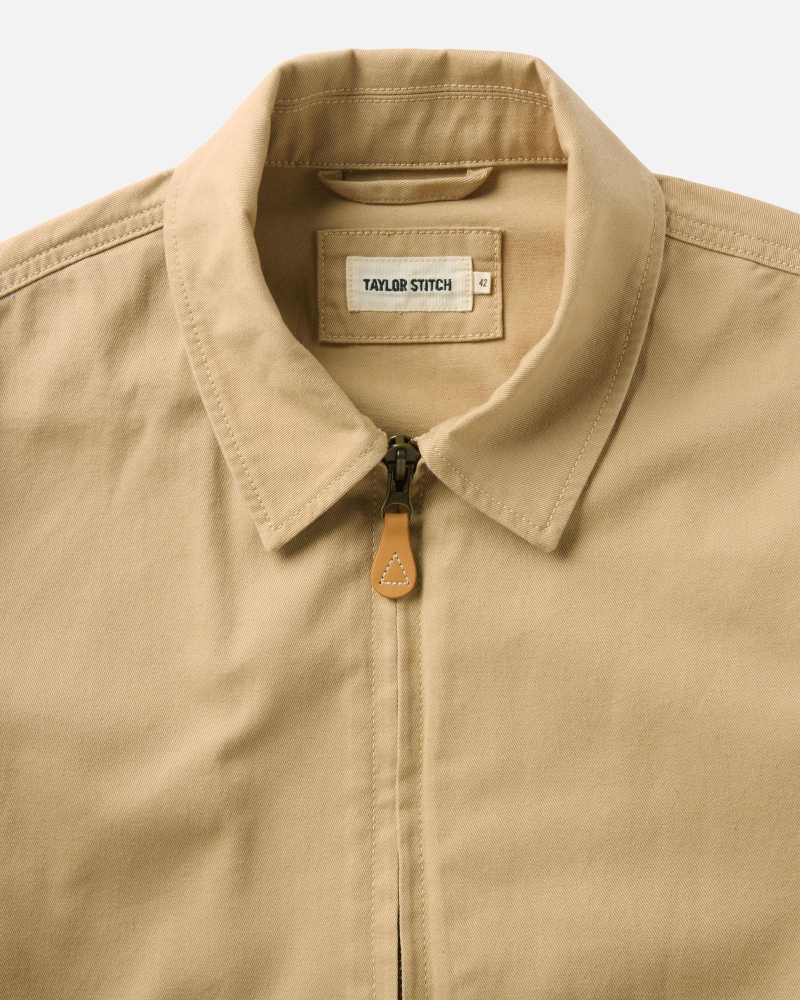 material shot of the collar on The Airman Jacket in Organic Khaki Foundation Twill, Outerwear by Taylor Stitch