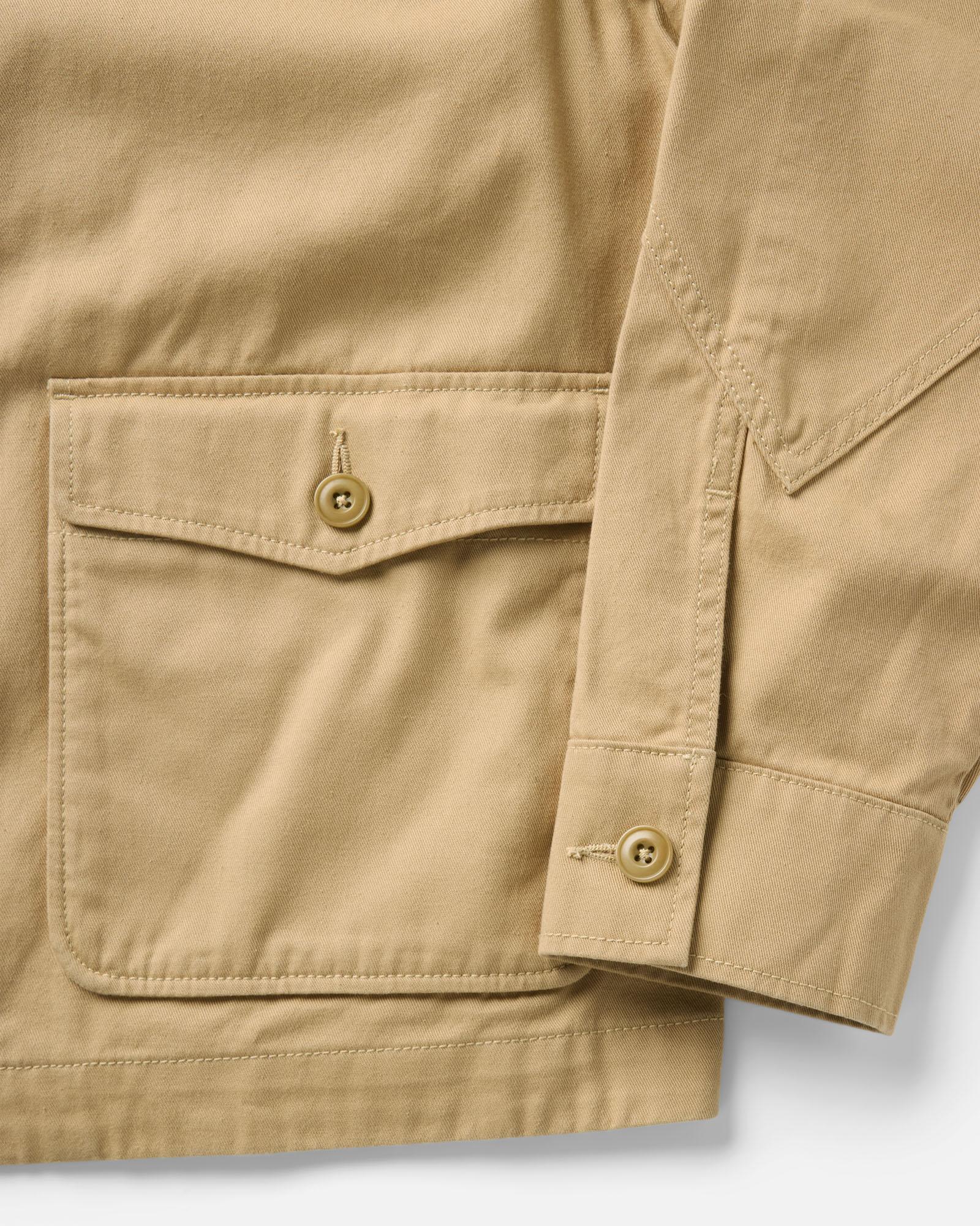 material shot of the sleeve on The Airman Jacket in Organic Khaki Foundation Twill, Outerwear by Taylor Stitch