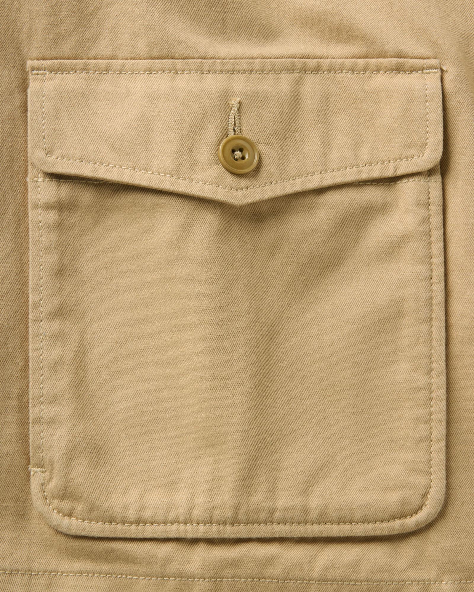 material shot of the pocket on The Airman Jacket in Organic Khaki Foundation Twill, Outerwear by Taylor Stitch