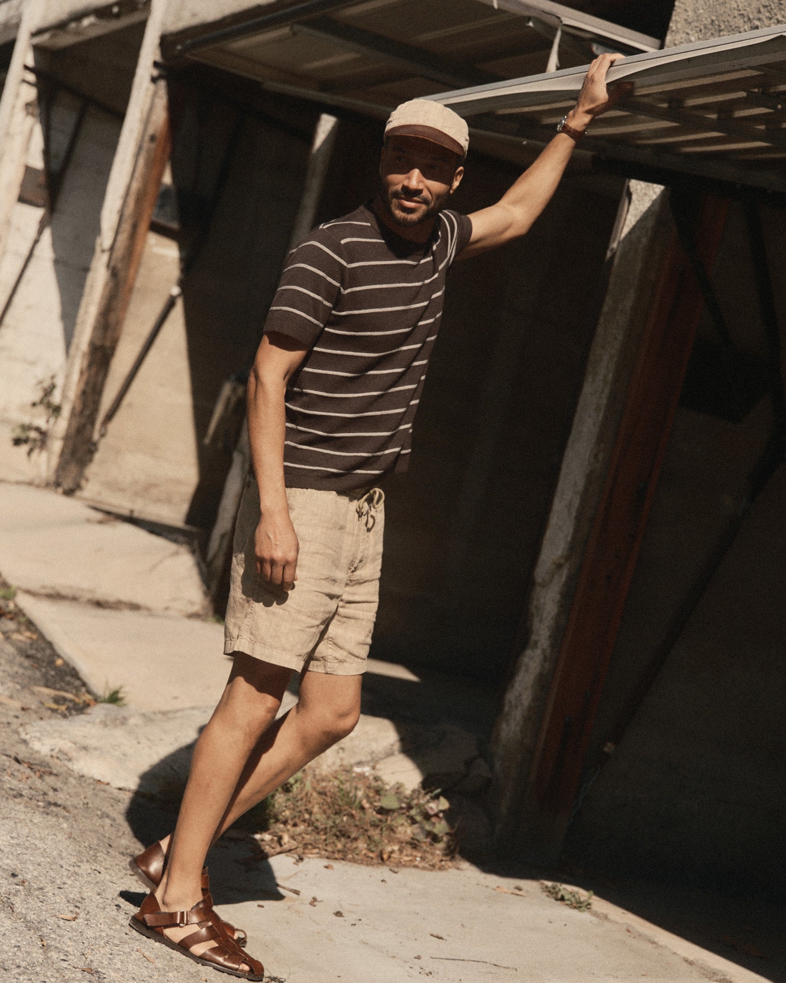 fit model showing off The Apres Short in Field Khaki Hemp, Bottoms by Taylor Stitch