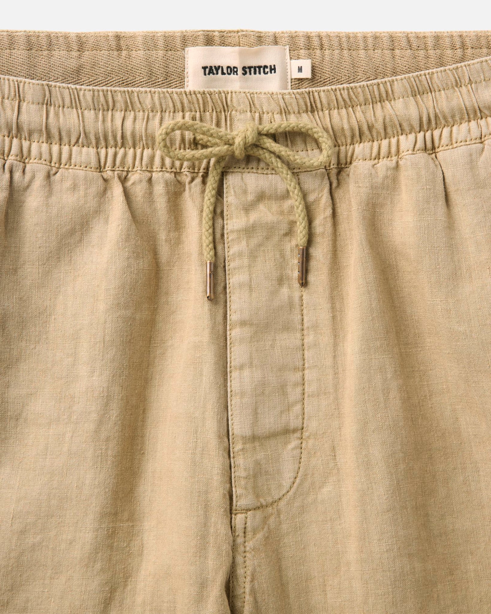 material shot of the waistband on The Apres Short in Field Khaki Hemp, Bottoms by Taylor Stitch