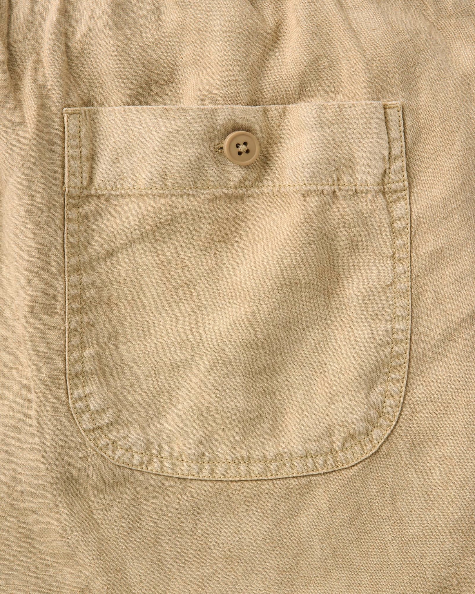 material shot of the pocket on The Apres Short in Field Khaki Hemp, Bottoms by Taylor Stitch