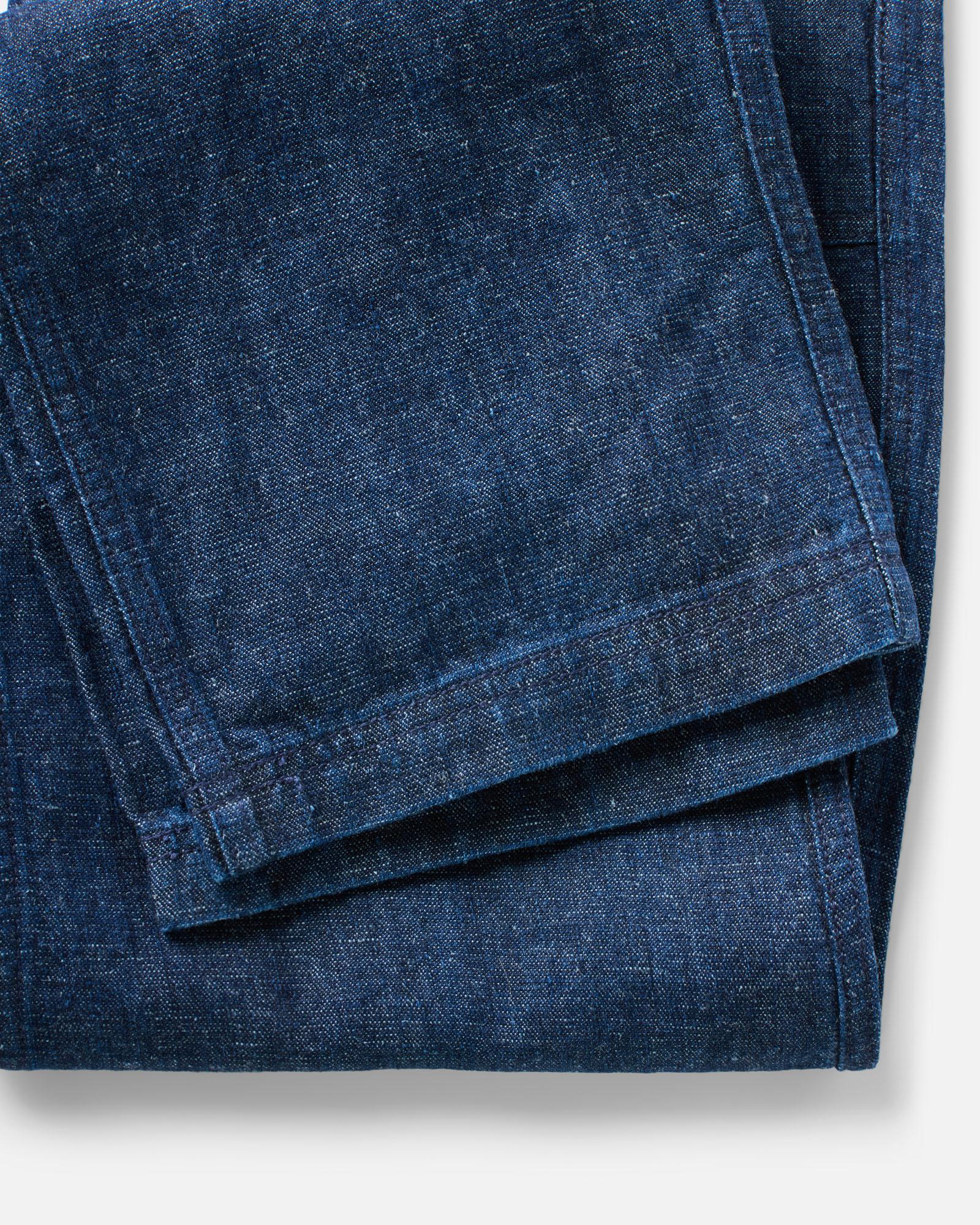 material shot of the hem on The Breakwater Pant in Rinsed Indigo Hemp Denim, Bottoms by Taylor Stitch