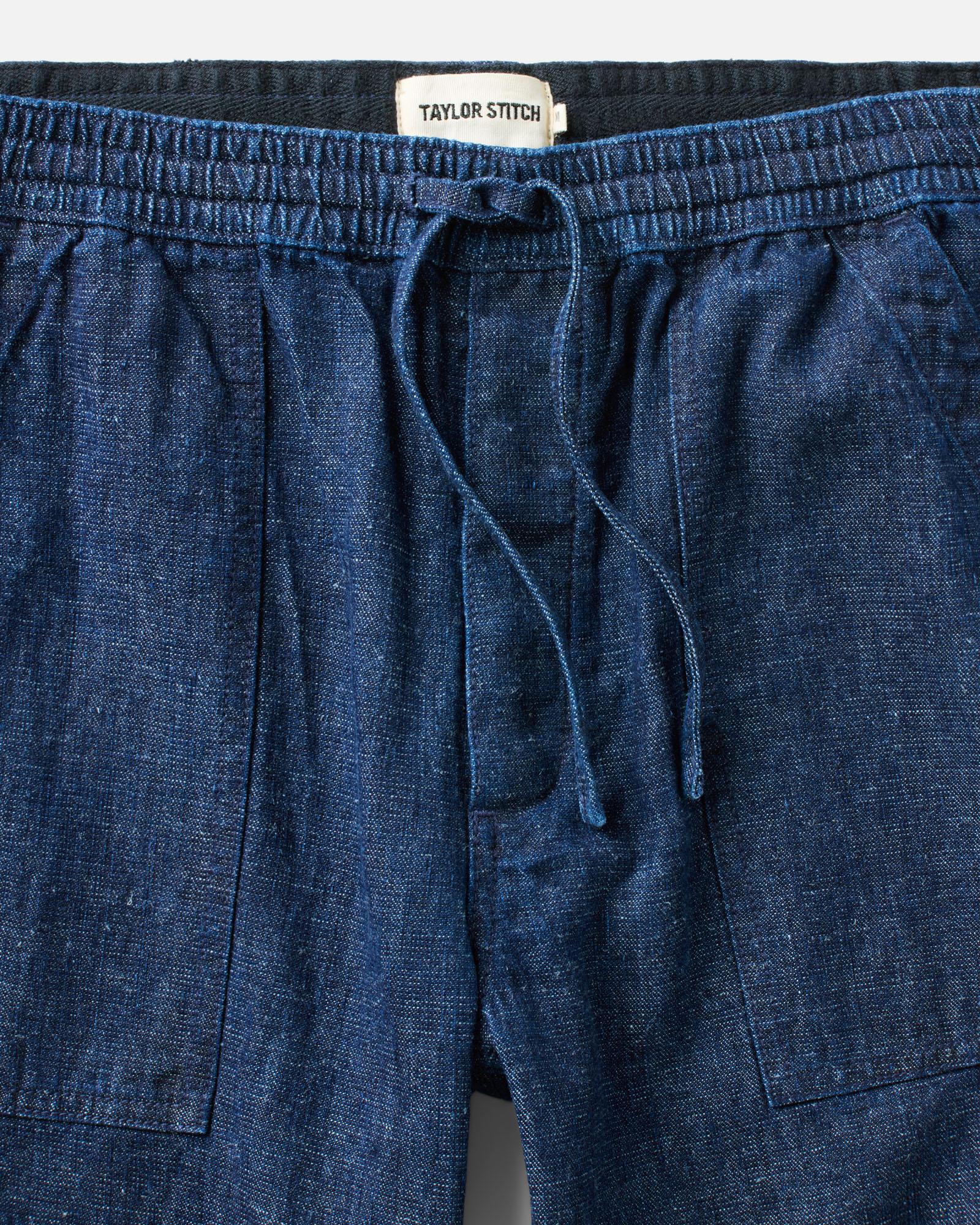 material shot of the waistband on The Breakwater Pant in Rinsed Indigo Hemp Denim, Bottoms by Taylor Stitch