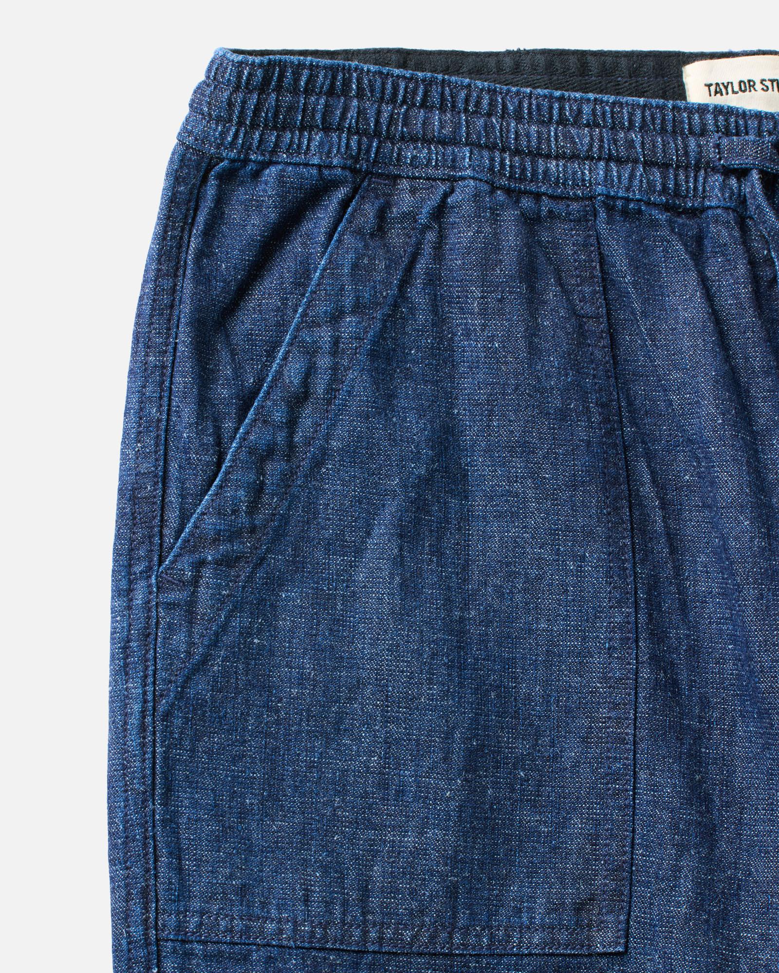 material shot of the pocket on The Breakwater Pant in Rinsed Indigo Hemp Denim, Bottoms by Taylor Stitch