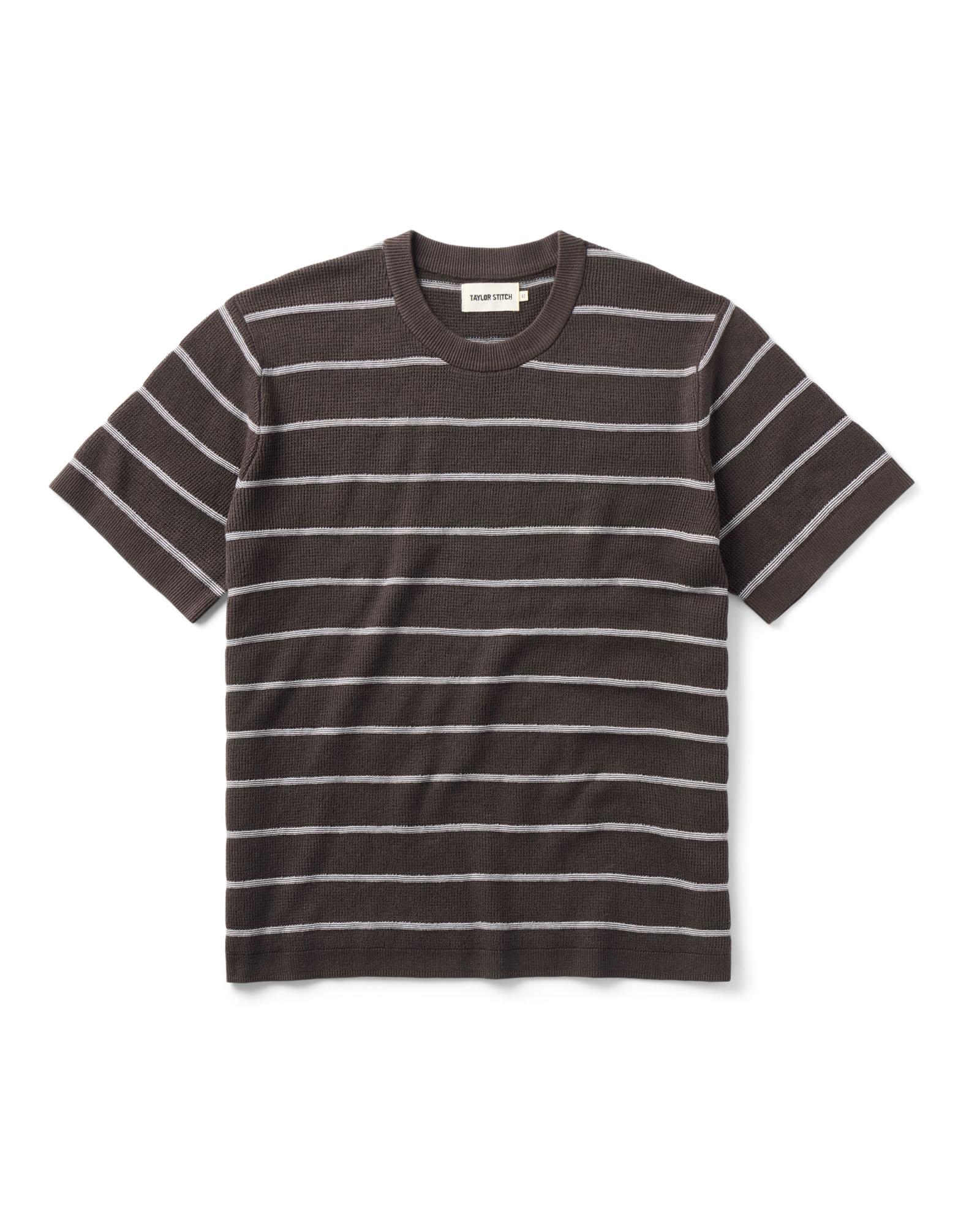 flatlay of The Brody Sweater Tee in Espresso Stripe, Knits by Taylor Stitch