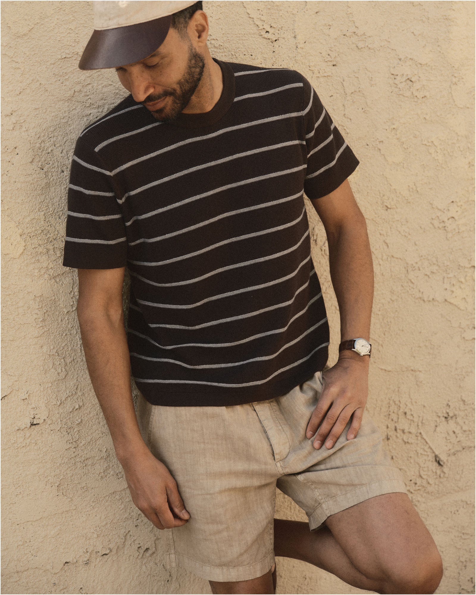 fit model showing off The Brody Sweater Tee in Espresso Stripe, Knits by Taylor Stitch