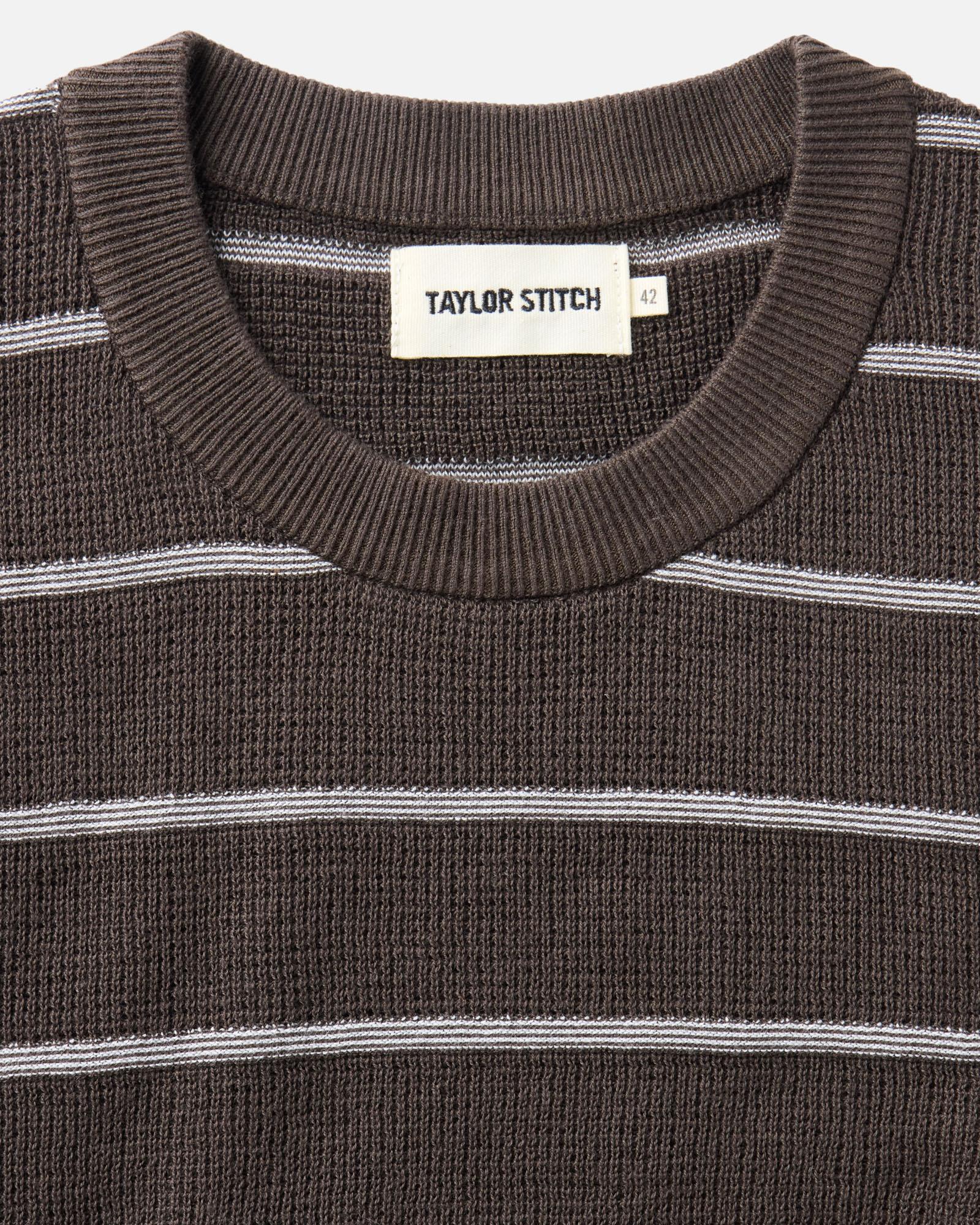 material shot of the collar on The Brody Sweater Tee in Espresso Stripe, Knits by Taylor Stitch
