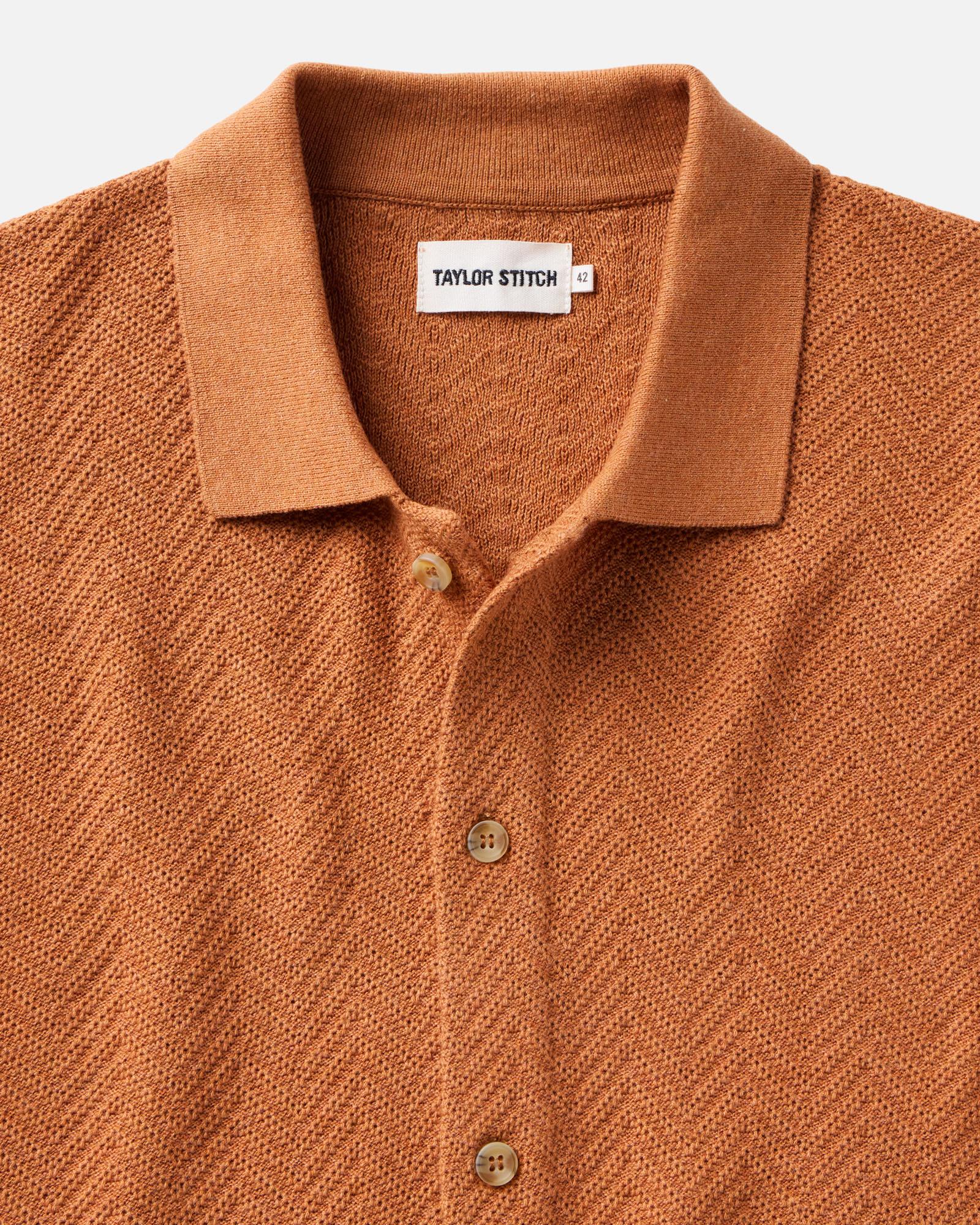 material shot of the collar on The Button Down Polo in Desert Herringbone, Knits by Taylor Stitch