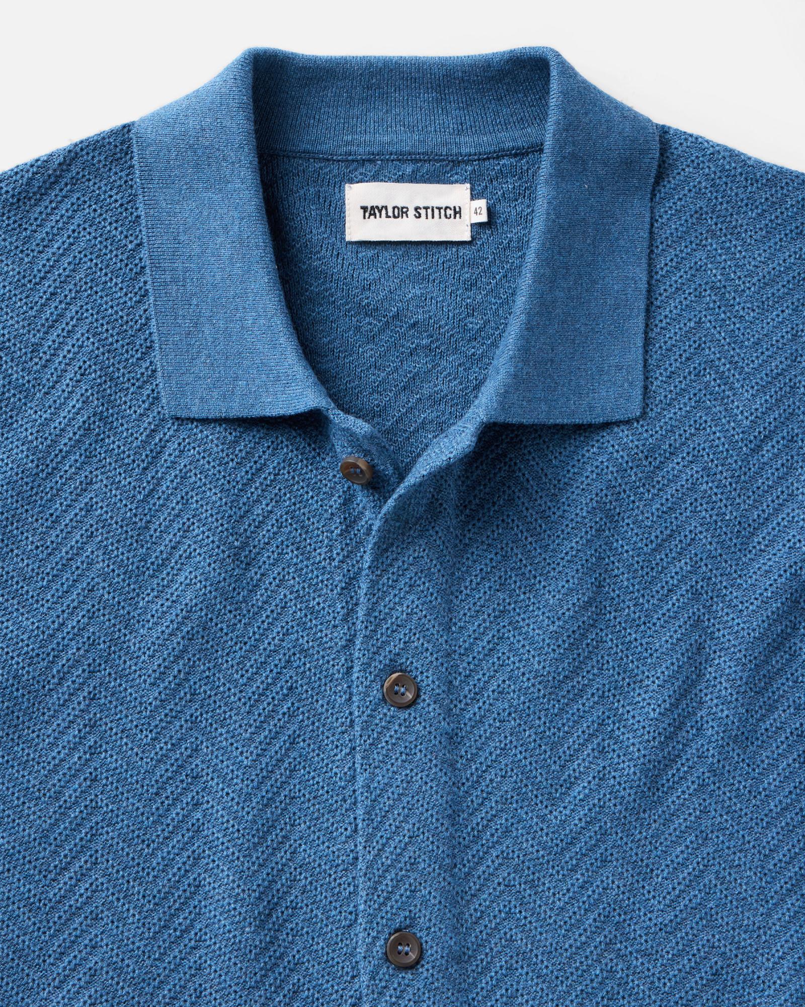 material shot of the collar on The Button Down Polo in Gulf Stream Herringbone, Knits by Taylor Stitch