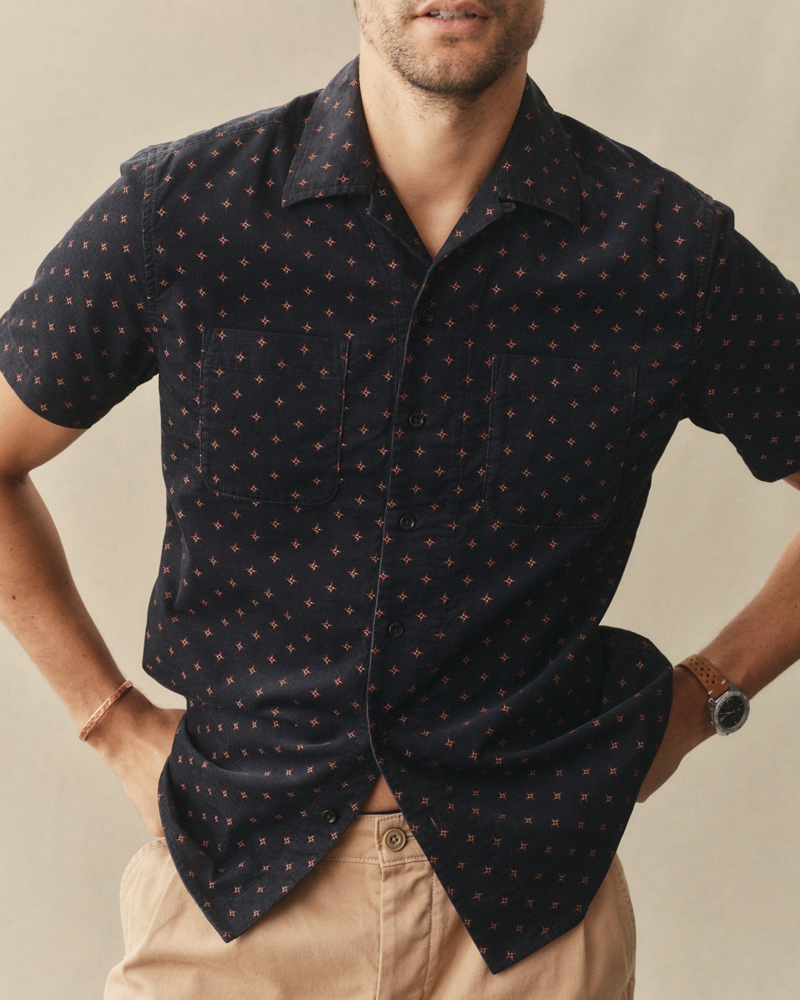 fit model showing off The Conrad Shirt in Navy Pigeon Foulard Pincord, Wovens by Taylor Stitch