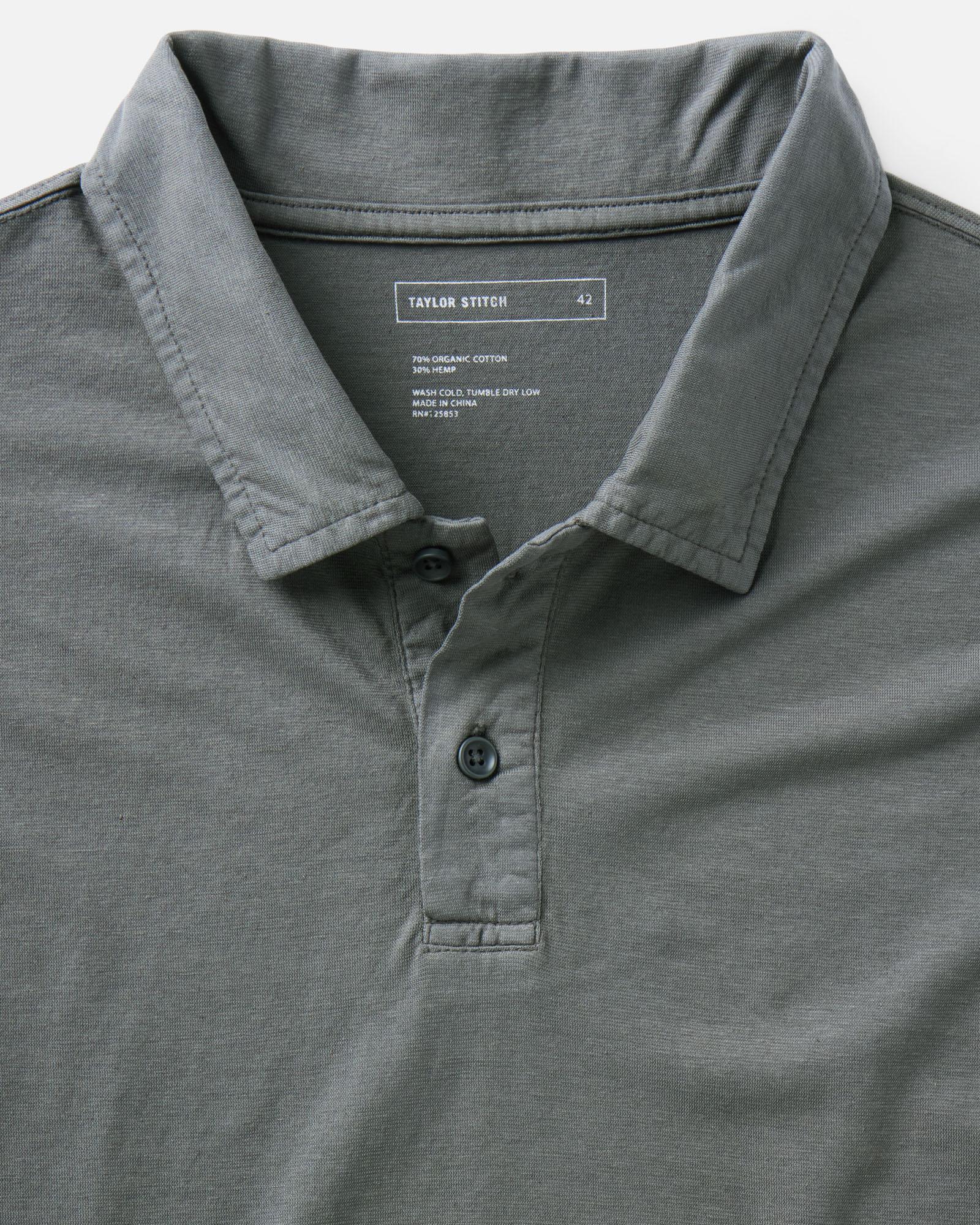 material shot of the collar on The Cotton Hemp Polo in Faded Black, Knits by Taylor Stitch
