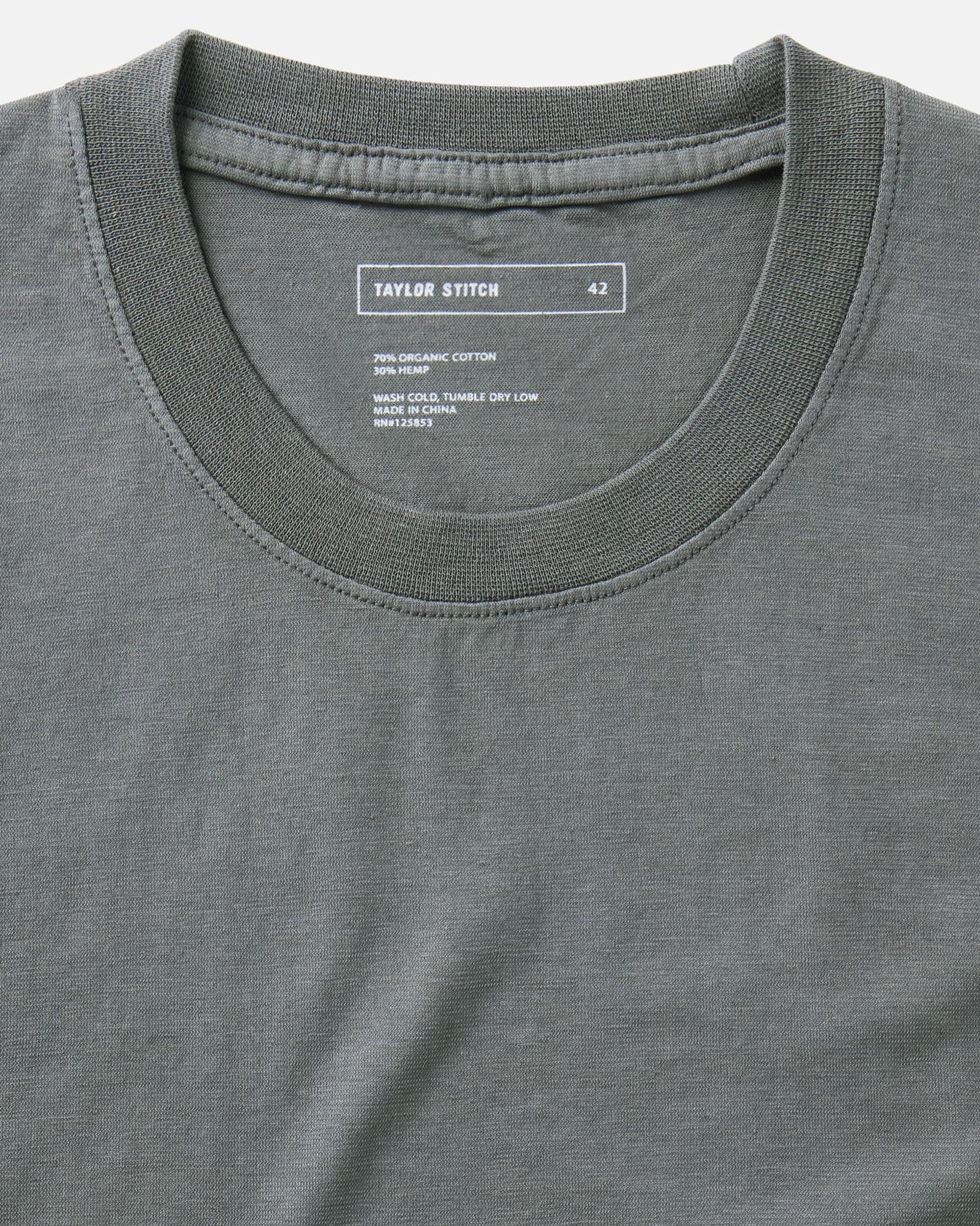 material shot of the collar on The Cotton Hemp Tee in Faded Black, Knits by Taylor Stitch