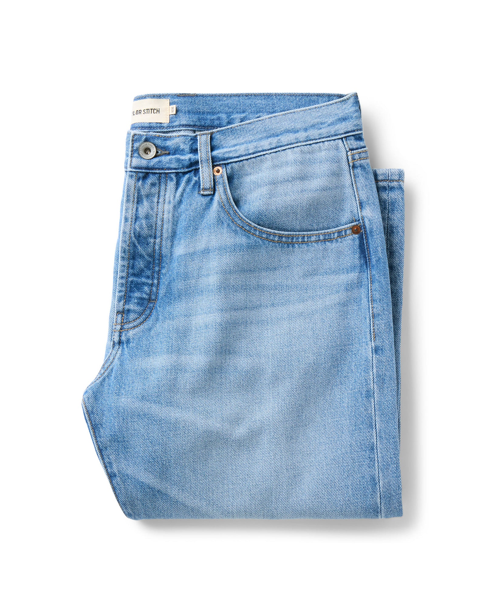 folded flatlay of The Democratic Jean in Light Wash Hemp Denim, Bottoms by Taylor Stitch