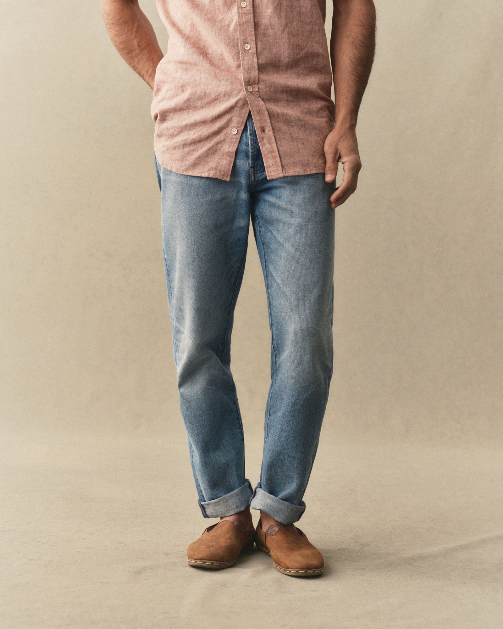 fit model showing off The Democratic Jean in Light Wash Hemp Denim, Bottoms by Taylor Stitch