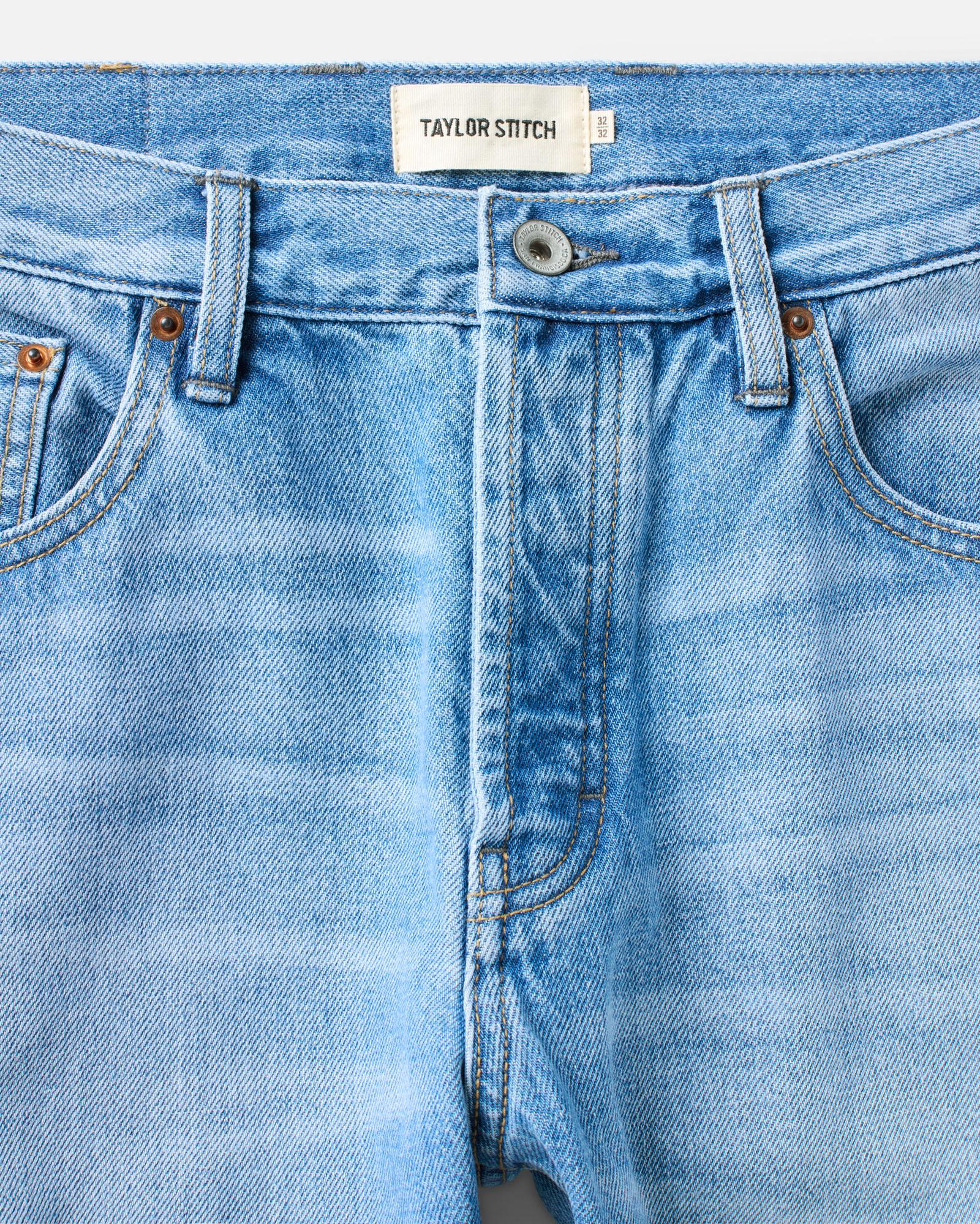 material shot of the waistband on The Democratic Jean in Light Wash Hemp Denim, Bottoms by Taylor Stitch