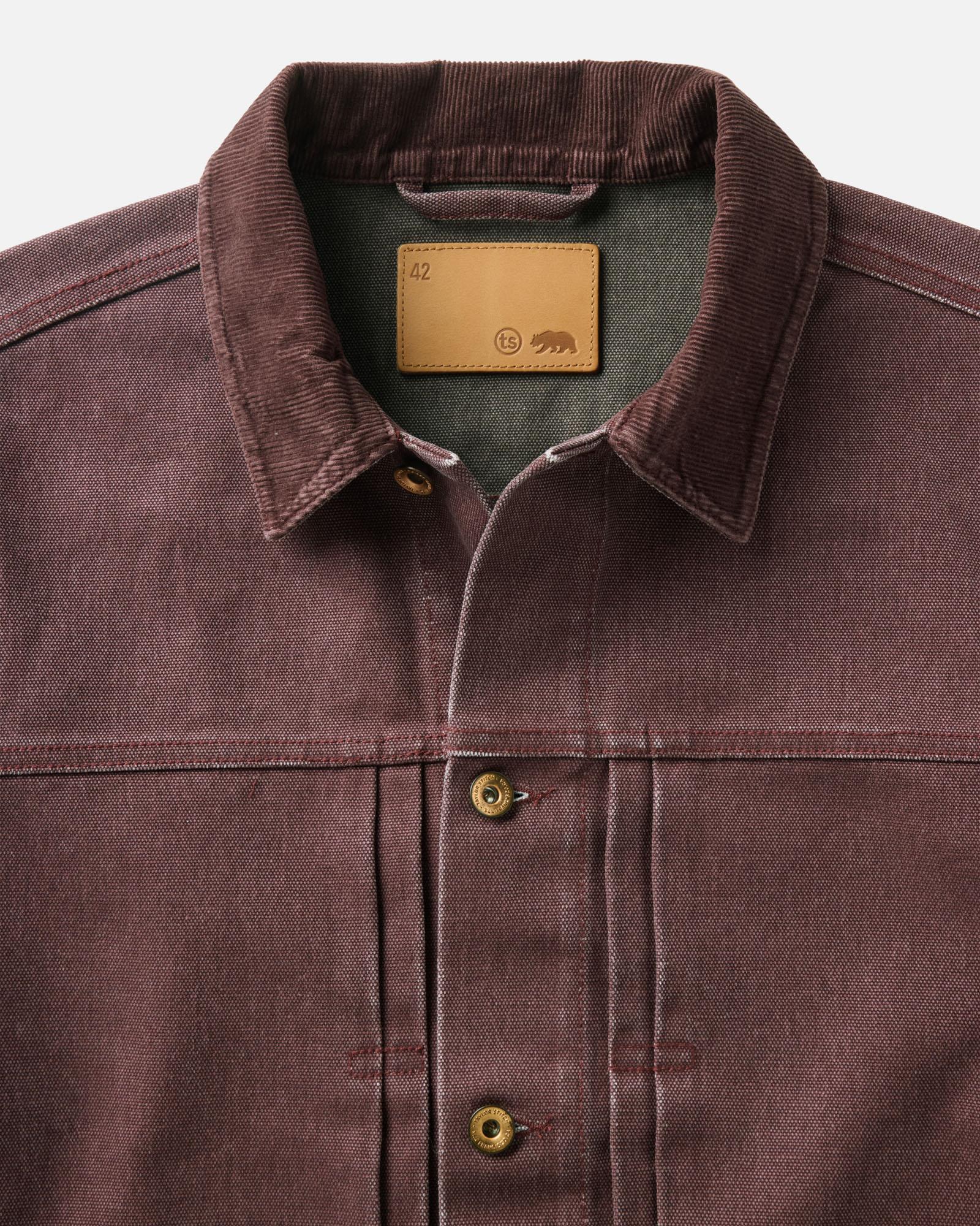material shot of the collar on The Ryder Jacket in Burgundy Chipped Canvas, Outerwear by Taylor Stitch