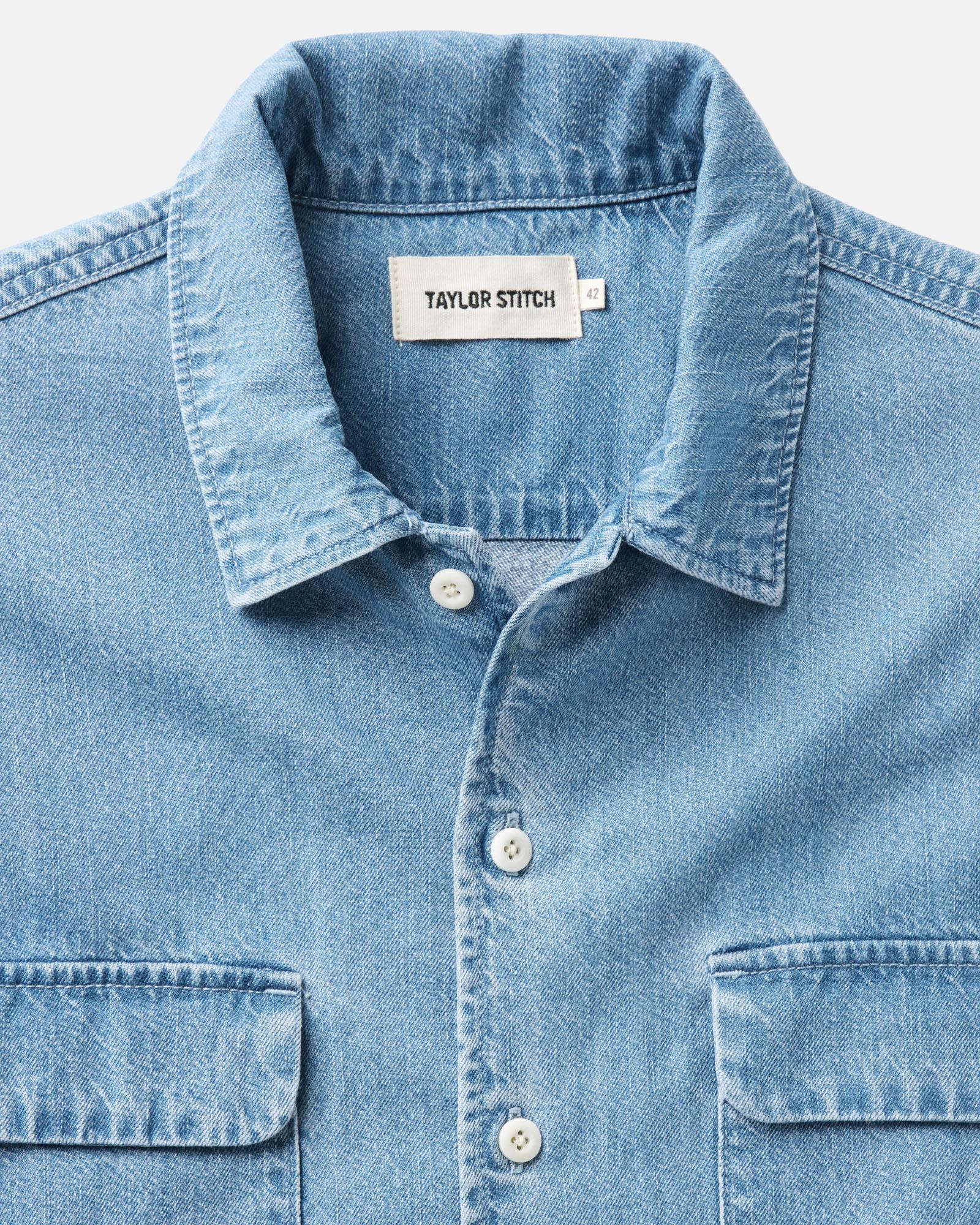 material shot of the collar on The Shore Shirt in Washed Indigo Twill, Wovens by Taylor Stitch