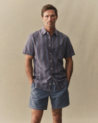 fit model showing off The Short Sleeve California in Blue Stone Stripe Hemp