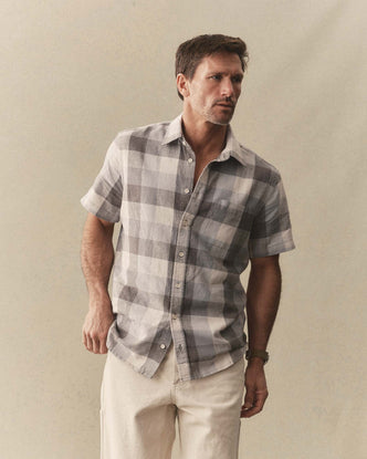 fit model showing off The Short Sleeve California in Overcast Check Hemp