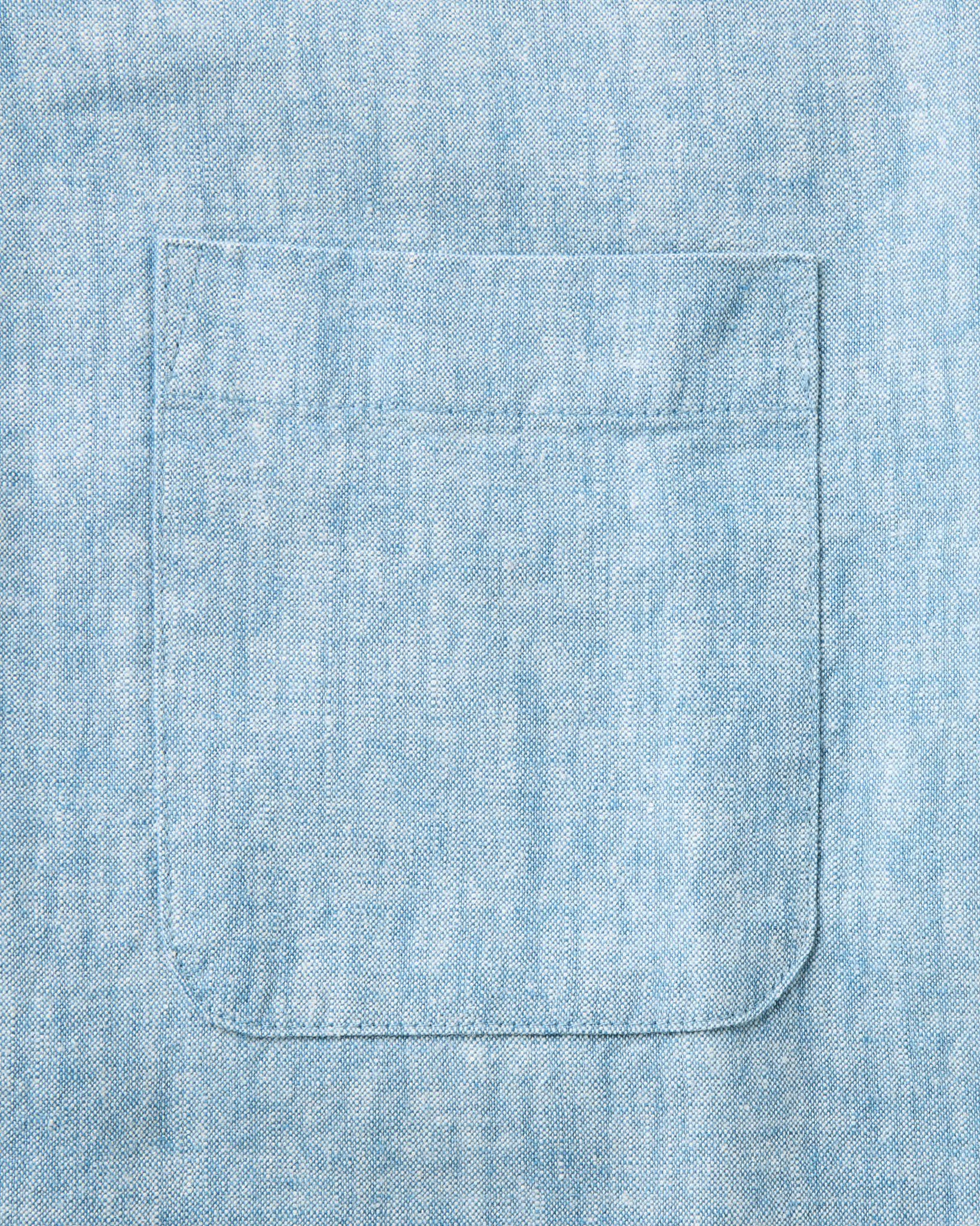 material shot of the pocket on The Short Sleeve California in Sky Hemp, Wovens by Taylor Stitch