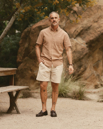 fit model posing in The Short Sleeve Jack in Brick Check Seersucker
