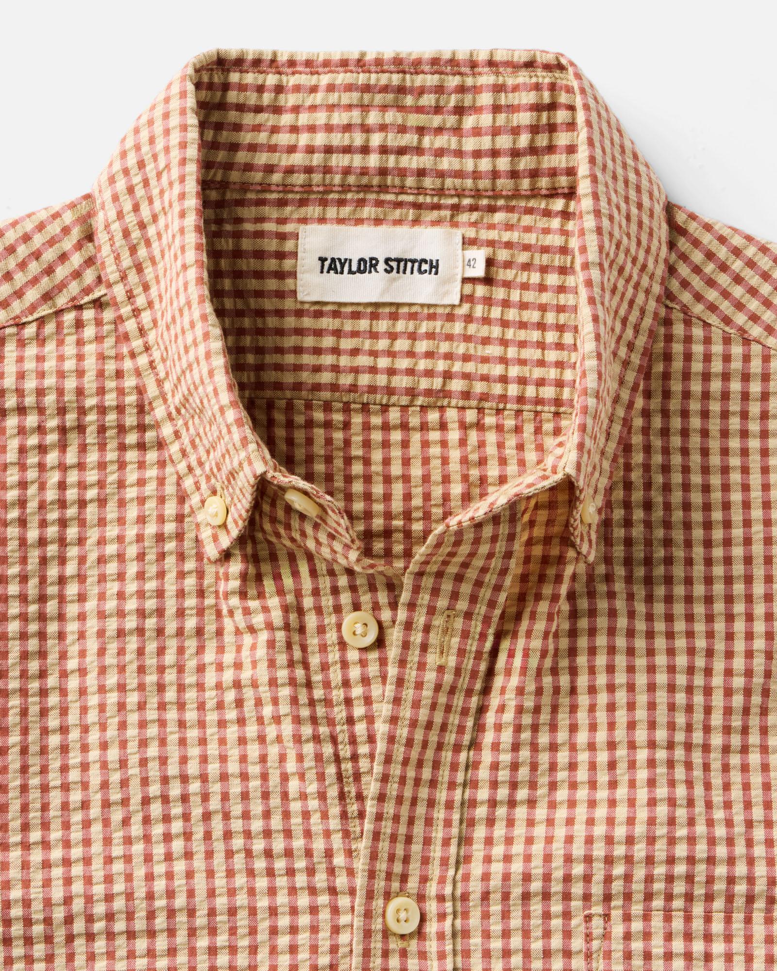 material shot of the collar on The Short Sleeve Jack in Brick Check Seersucker, Wovens by Taylor Stitch