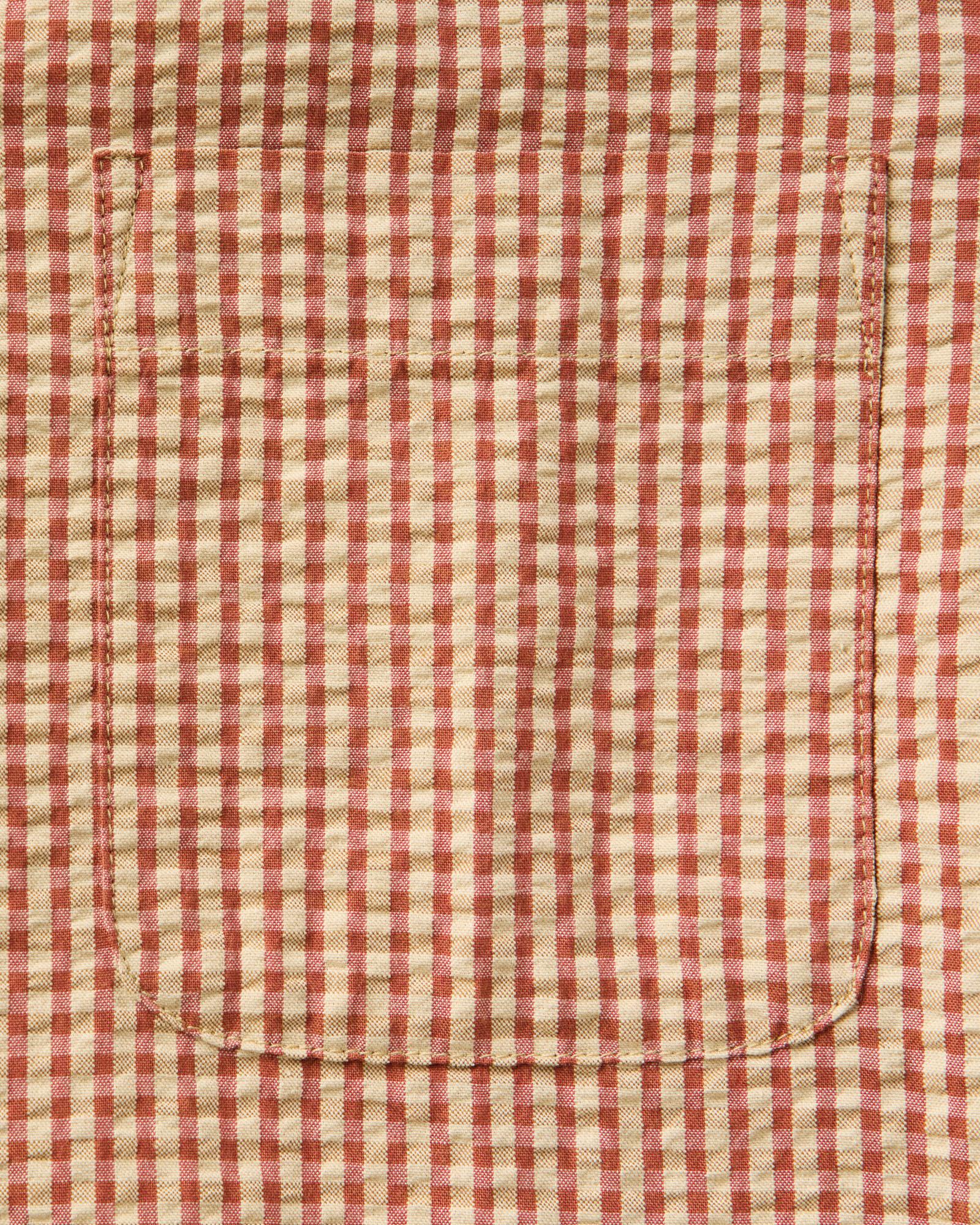 material shot of the pocket on The Short Sleeve Jack in Brick Check Seersucker, Wovens by Taylor Stitch
